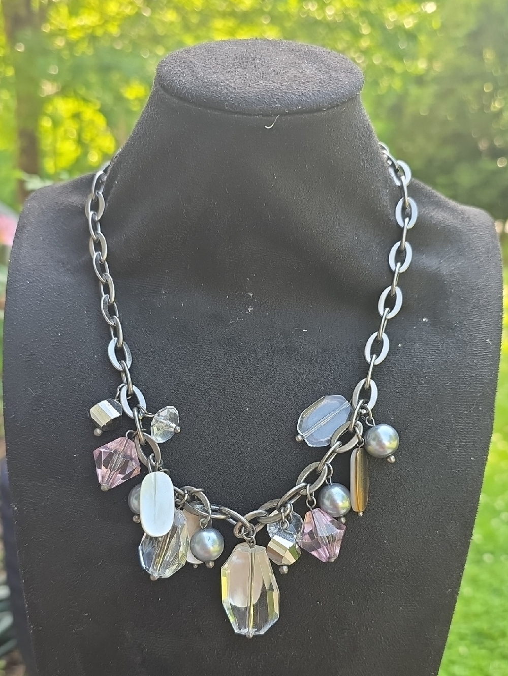 Lia Sophia Gray Chain Necklace with Pink and Clear Charms